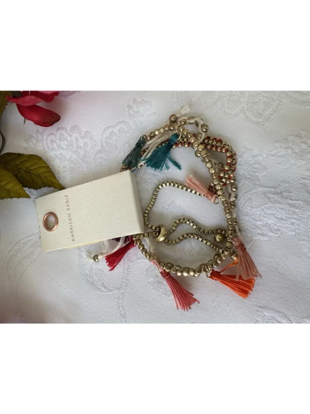 American Eagle Goldtone Cream Colorful Tassel Beads Bracelet Set 3 PC Stack NEW